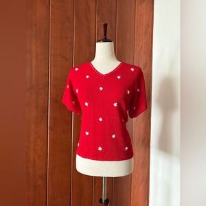 Red Knit top with White Floral Accents